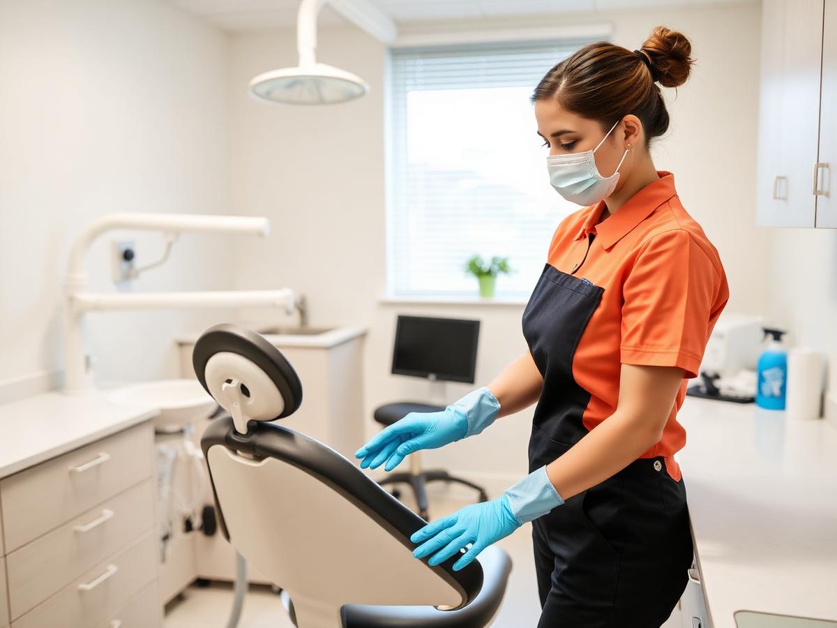 Profissional da empresa de limpeza higienizando consultório odontológico em São José/SC